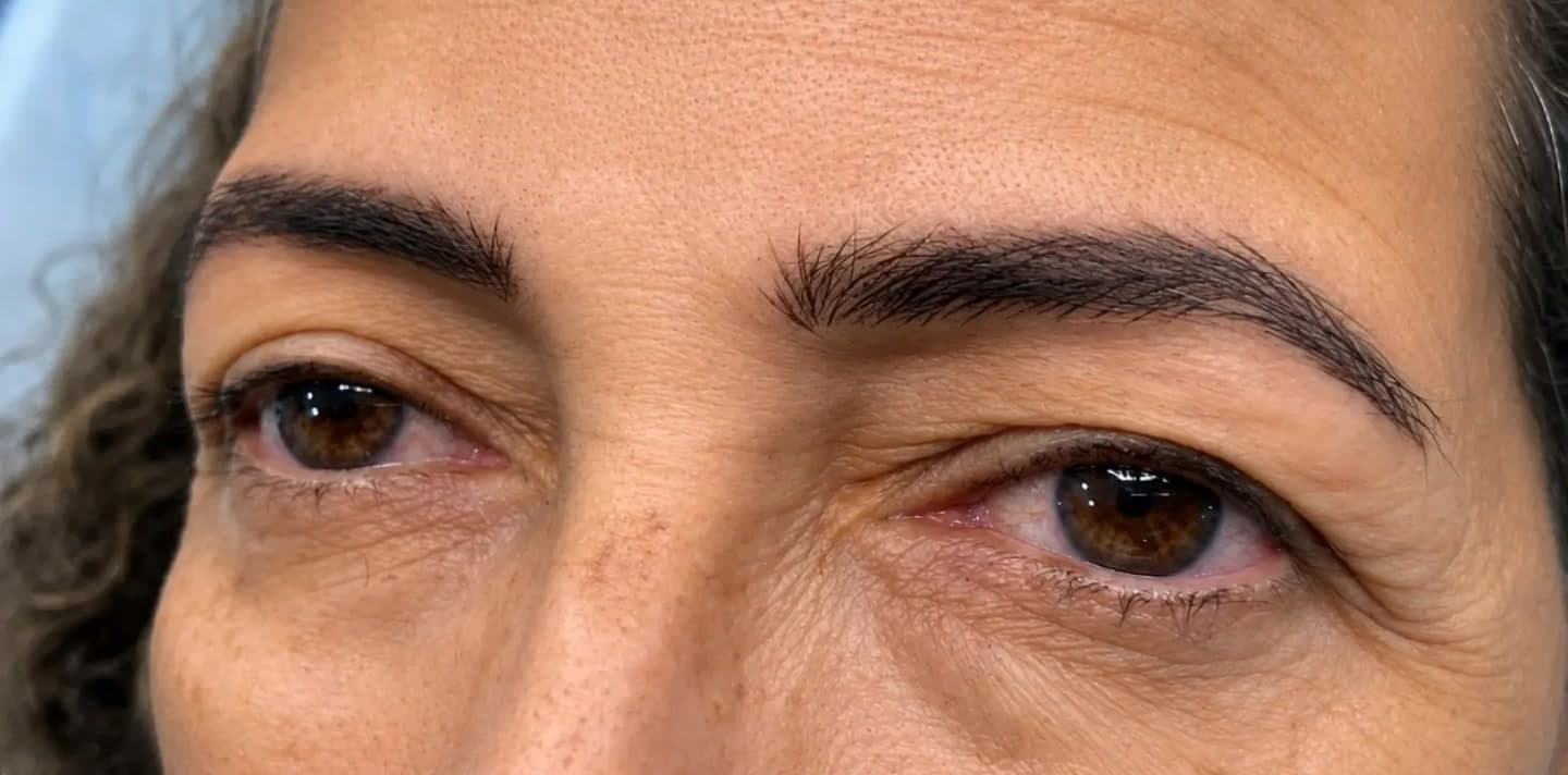 Depois — sobrancelhas redesenhadas e preenchidas com micropigmentação fio a fio